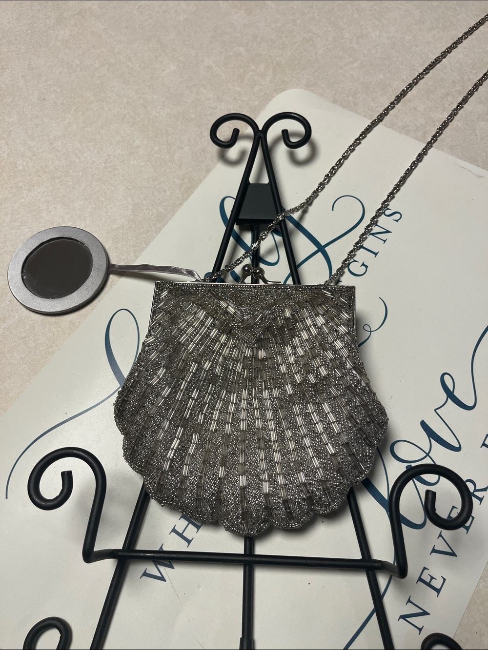 Silver Beaded Shell Mini Crossbody Bag
